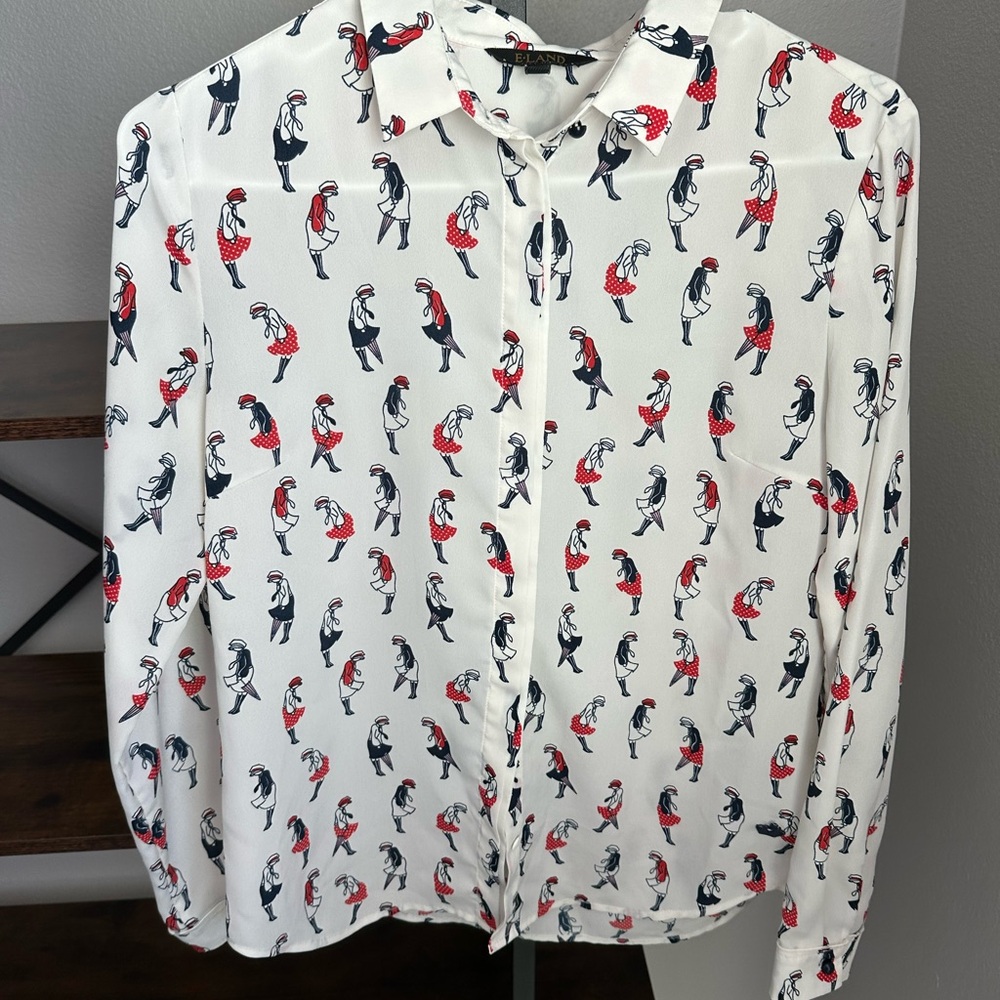 E-LAND Stylish White and Red Patterned Womens Shirt SZ M/L